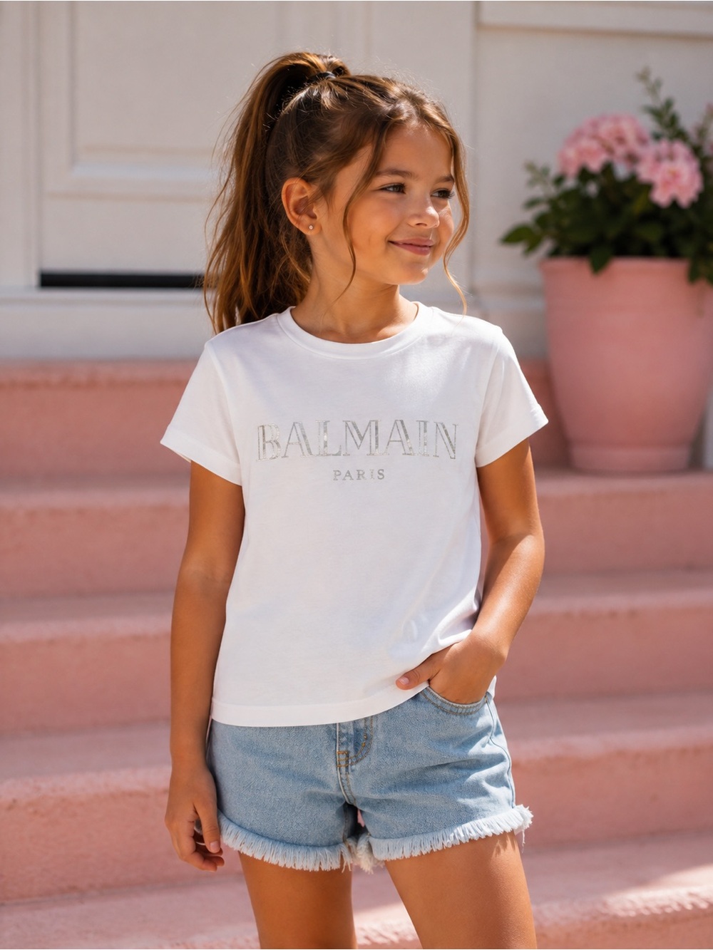 Authentic Balmain Kids White Silver Logo T Shirt | Size 8